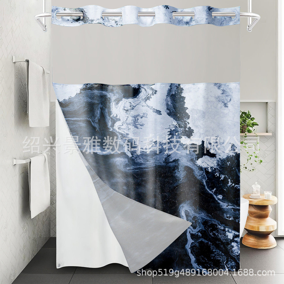 数码印花货源双层大环涤纶浴帘大理石花纹浴室帘子防水布浴