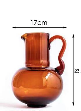 插花款欧美简约焦糖琥珀豹纹单耳手工玻璃插花瓶家居装饰摆件爆器