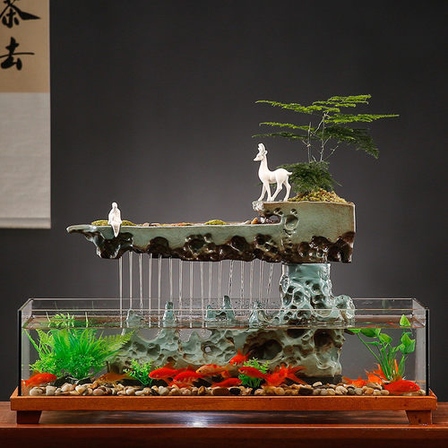 循环流水生财玻璃鱼缸家居装饰客厅电视柜办公室招财摆件开业礼品