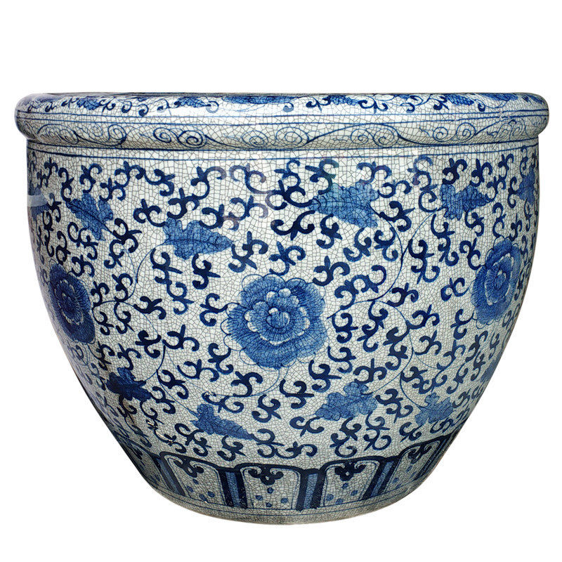 景德镇陶瓷鱼缸手绘仿古开片器书画筒青花缠枝莲插花裂纹家居摆件