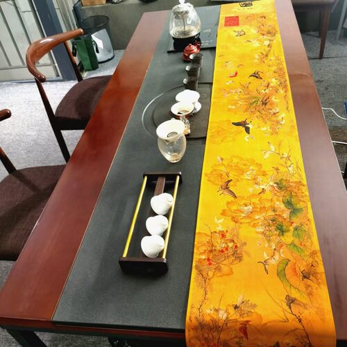 中式百蝶图茶席中式禅意防水轻奢长条布艺桌布茶台茶旗现货供应