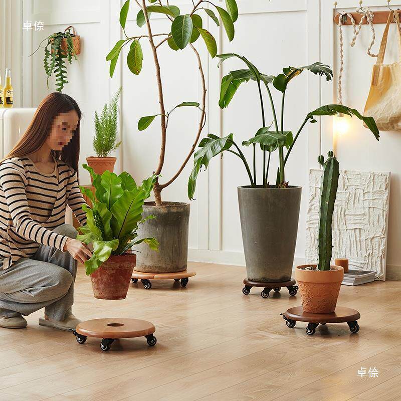 加厚实木移动托盘圆形花盆酒水缸鱼缸带滚轮承重底座底托托盆