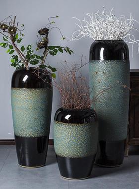 景德镇陶瓷落地大花瓶干插花三件客厅电视柜装饰干花摆件绿色现代