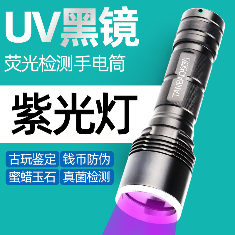跨境紫光灯手电筒大功率紫外线鉴定专用UV黑镜胶固化验钞防伪陶瓷