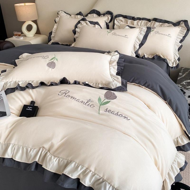 ins花边公主风刺绣双层简约水洗四件套轻奢少女心纯色床单被套笠4