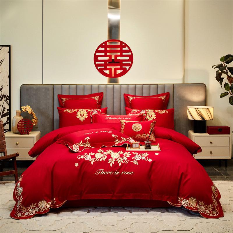 结婚四件套简约中式刺绣婚庆床单婚房陪嫁床上用品大红色喜庆套件