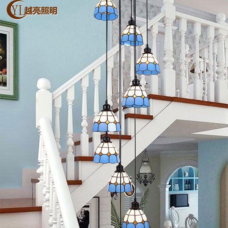 地中海别墅吊灯创意个性蓝色挑高客厅吊灯楼梯灯长吊灯旋转复式楼