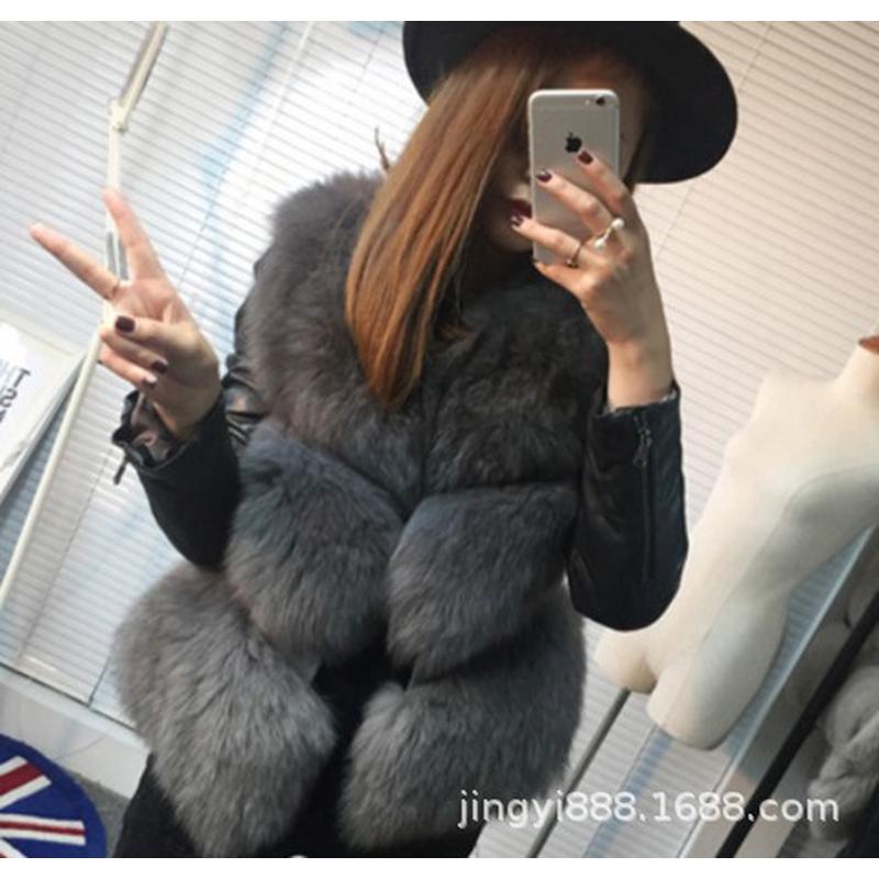 冬季仿狐狸毛拼接PU皮草外套短款女兔毛拆卸长袖马甲棉衣大码显瘦