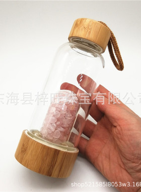 热销竹盖水晶碎石能量杯茶杯玻璃瓶水瓶健康运动水瓶印制LOGO