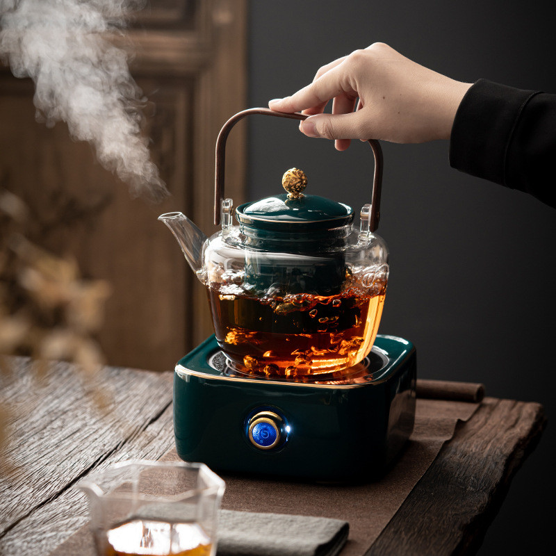 电陶炉陶瓷外壳金福孔雀绿煮茶器套装家用办公蒸煮茶壶耐热玻璃壶