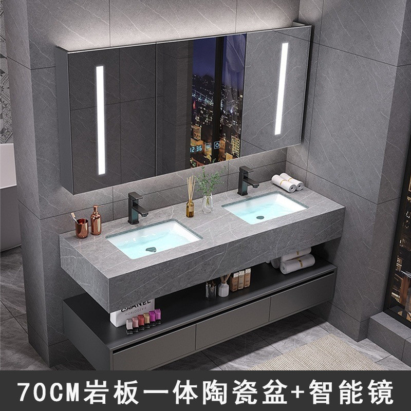 热销岩轻奢一体盆浴室柜组合双层挂墙式酒店款板实木洗脸陶瓷盆柜