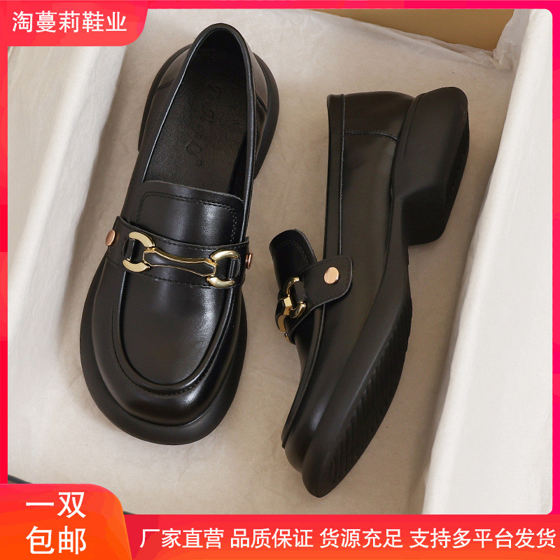 25新款真皮小皮鞋女2025新款春秋季英伦风黑色豆豆平底大码41乐福
