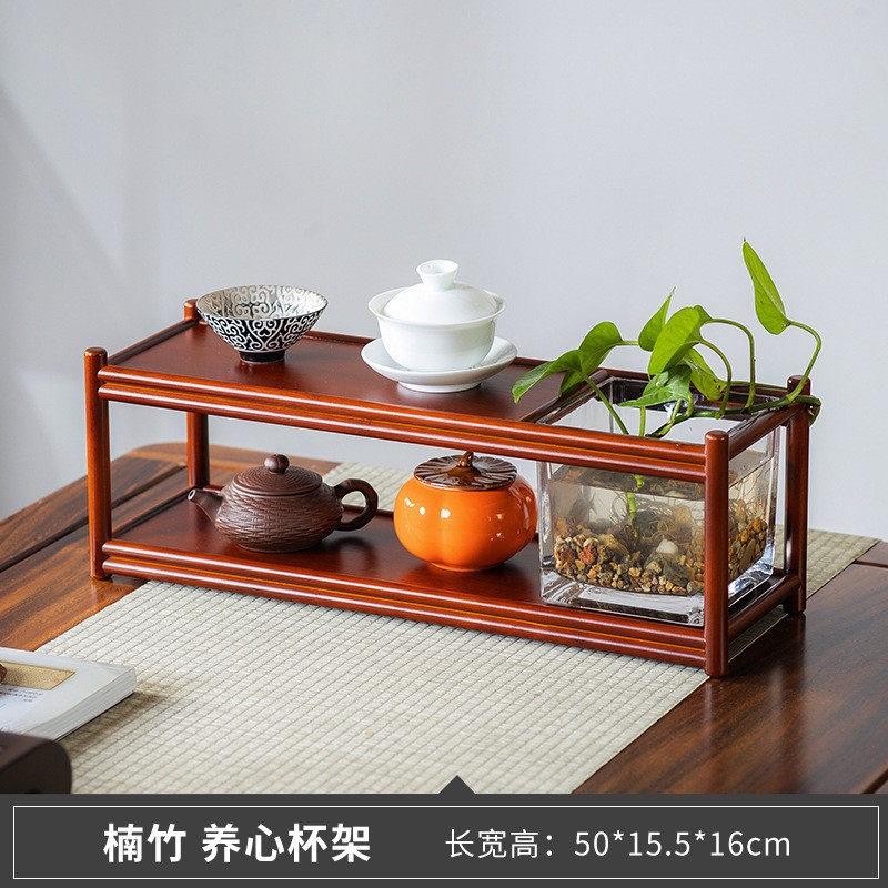 养心创意功夫茶具茶台展示架楠竹玻璃水培植物中式桌面杯架免安装