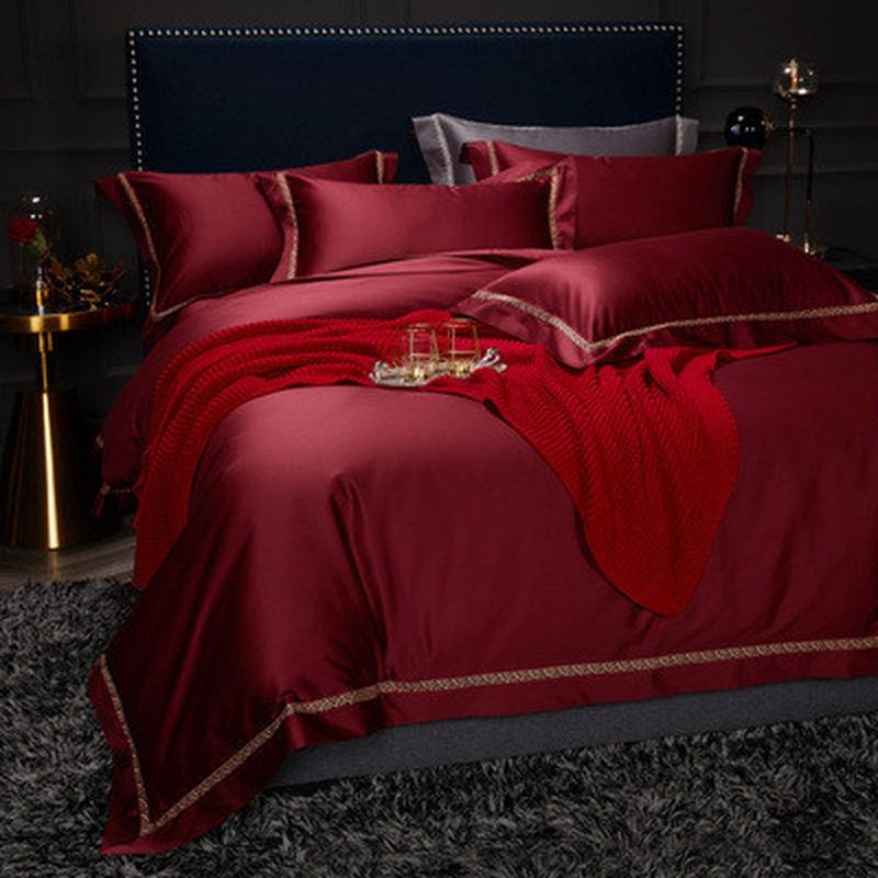 好看轻奢100s贡缎长绒棉四件套婚礼酒红色结婚庆喜被床上用品1.8m