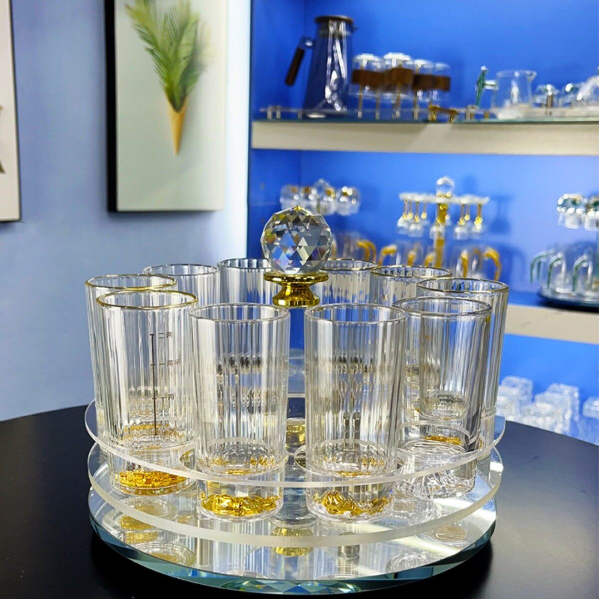 金边金山水晶白酒杯1旋转2两高档家用玻璃刻度描金酒杯两杯架套装