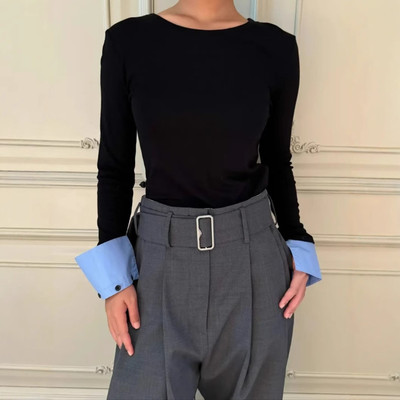 撞色袖口羊毛混纺长袖T恤一衣三种穿法袖子可拆卸单穿叠穿上衣女