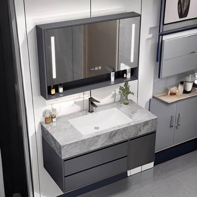 无缝岩板陶瓷一体盆浴室柜组合简约智能卫生间洗漱台洗手洗脸盆柜
