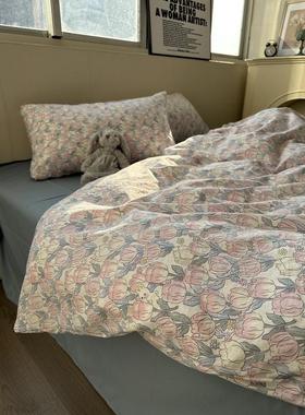 61k3紫色少女心ins小碎花水洗纯色四件套床单棉麻被套床上三件套