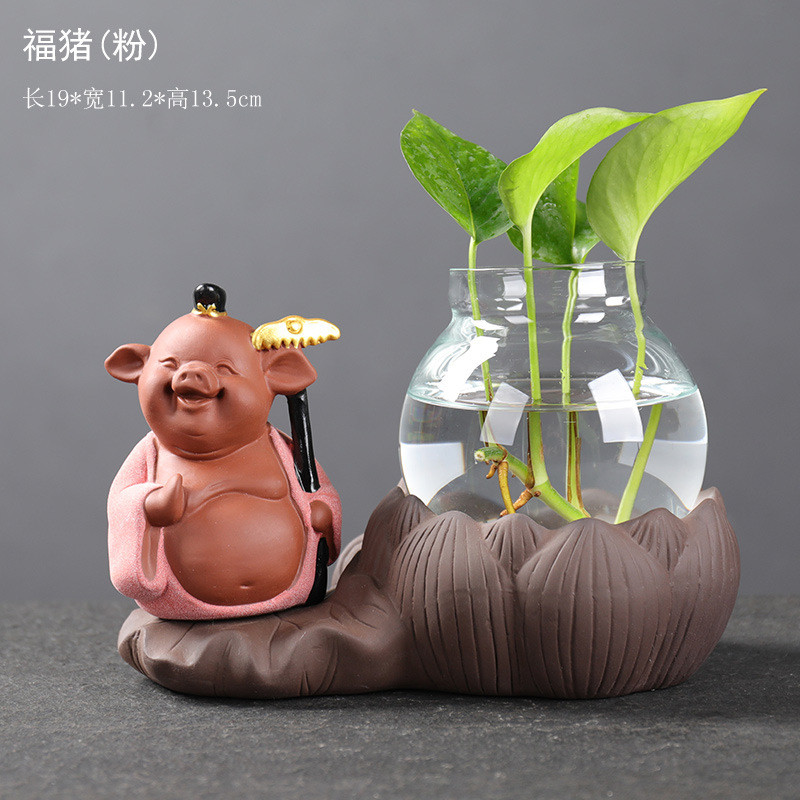 宇轩玻璃花瓶花插荷塘弥勒摆件金猪水培植物紫砂绿萝养小鱼容器