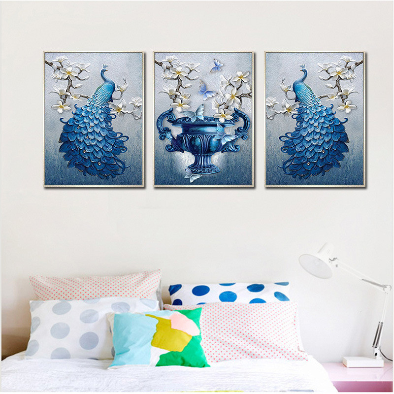 热销居家新款客厅钻石画风景钻石画满钻5d魔方钻石画玉兰孔雀三联