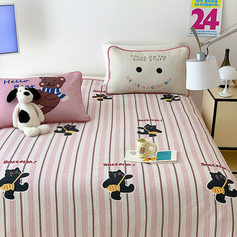 全棉数码印花床盖三件套床上铺盖春秋夹棉床单卡通豆豆绒加厚被芯