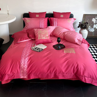 渐变色婚庆120s贡缎风红色结婚现代长绒棉四件套刺绣被套床上用品