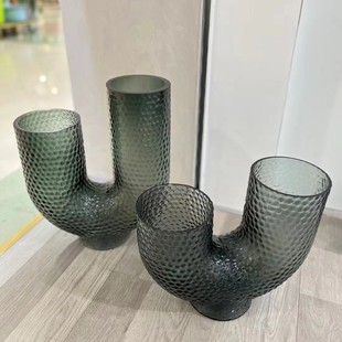 简约灰色艺术u型创意玻璃花瓶摆件客厅样板间插花水培花器饰品