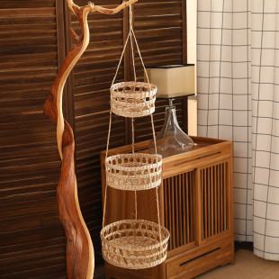 草编干花吊篮三连篮枯树枝植物吊篮客厅室内绿萝装 饰吊篮现货