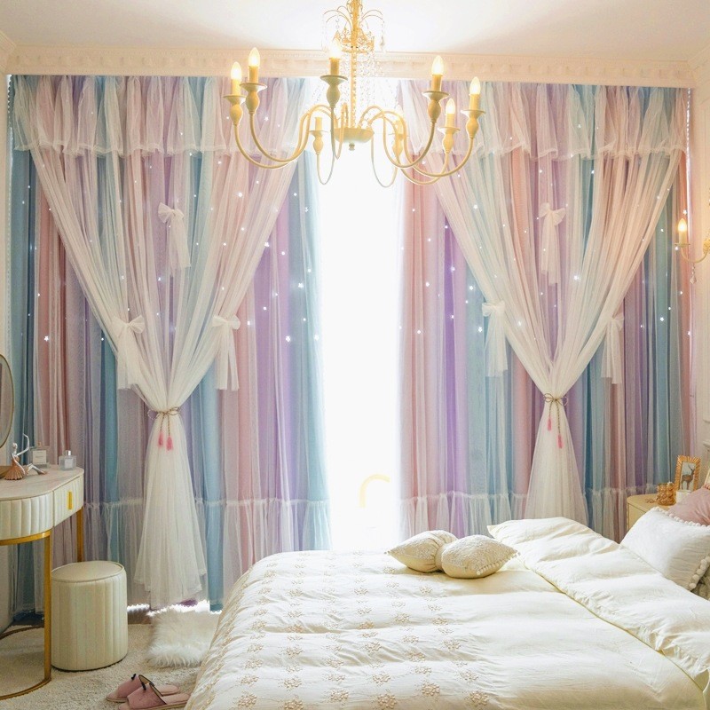 7wlo女孩女生儿童房间公主风梦幻帘飘窗遮光窗帘卧室2022新款绍