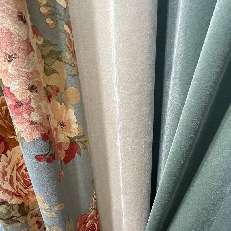 卧室田园风窗帘简约现代丝绒拼接遮光客厅美式飘窗纱成品帘头