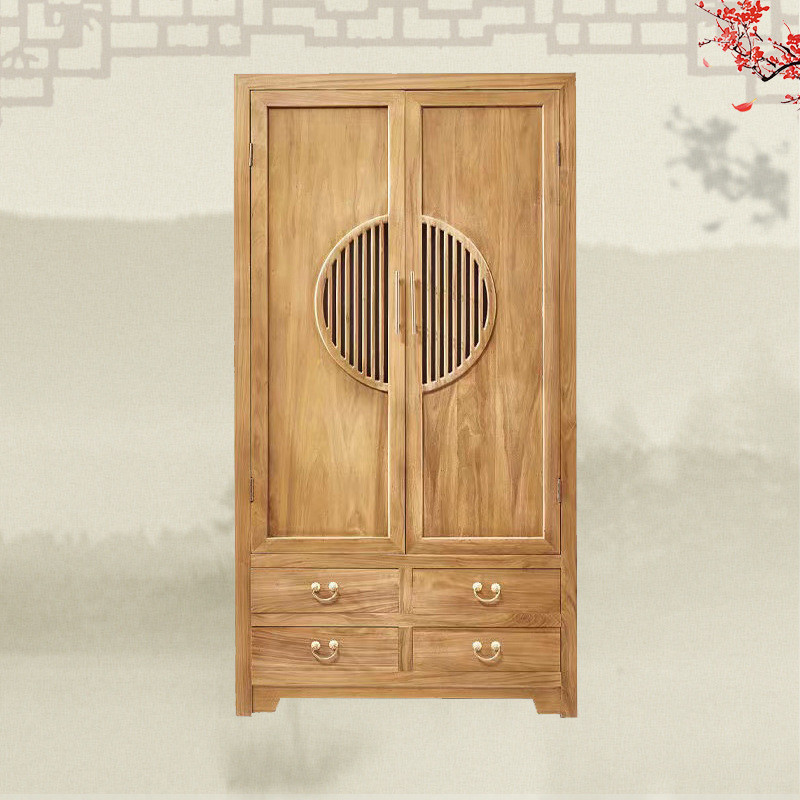 新中式老榆木衣柜家用卧室落地挂衣柜双开门简易实木衣柜收纳柜
