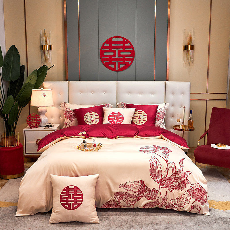 新款高端长绒棉婚庆四件套结婚陪嫁新中式喜被公主风全面床上用品