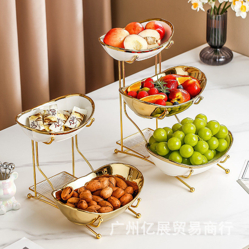 简约创意元宝多层陶瓷水果盘客厅干果点心陶瓷元宝盘坚果盘带铁架