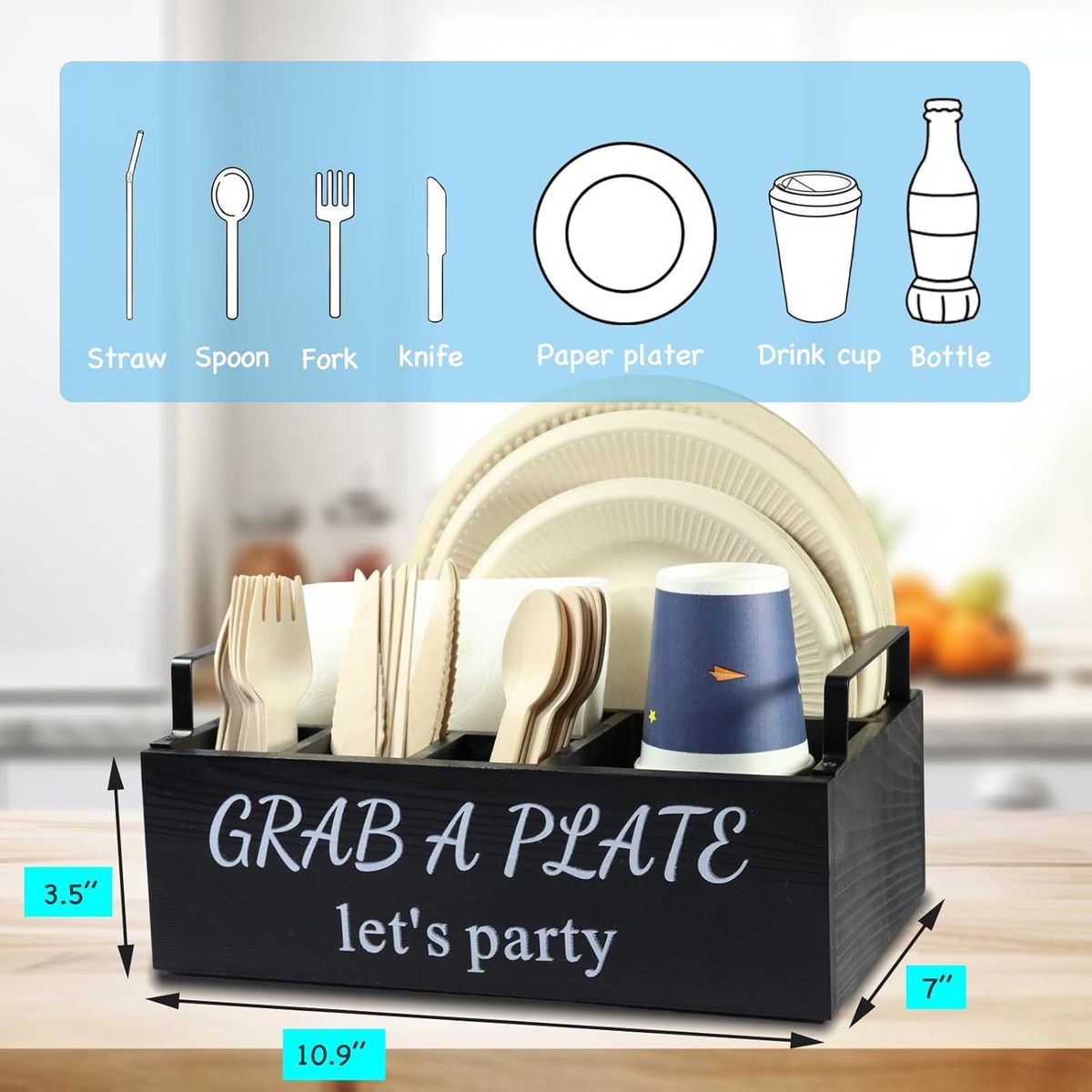 木质厨房餐具桌面整理盒带提手分格筷子勺子露营厨房收纳盒