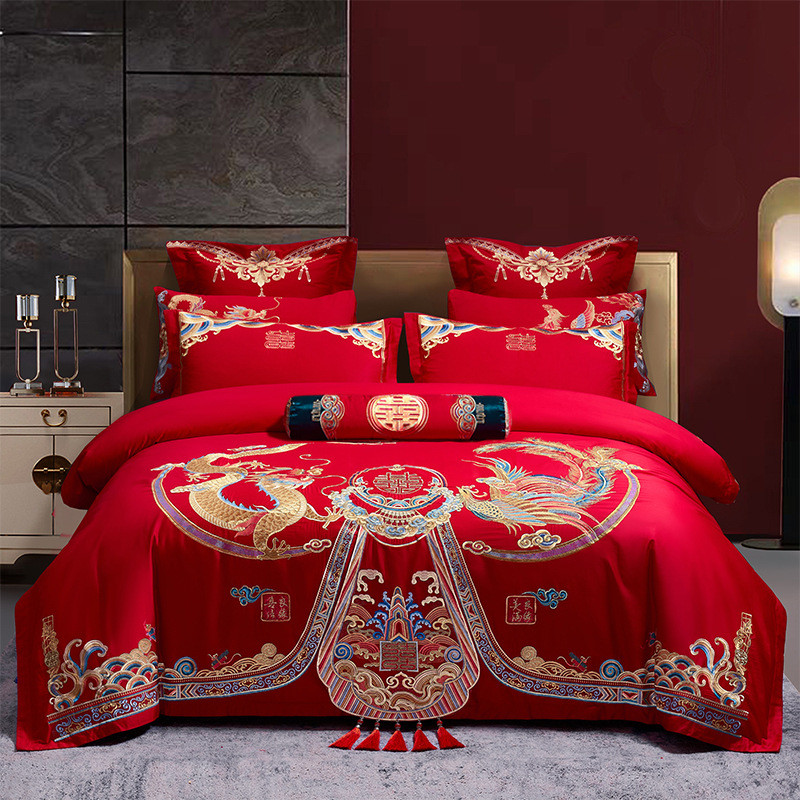 e0pb批发全棉新婚庆四件套大红色长绒棉龙凤刺绣结婚家纺床上用品