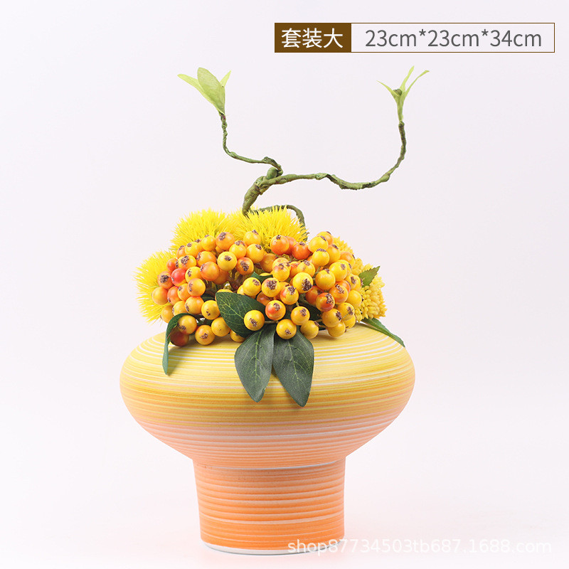 现代新中式黄色花艺玄关摆件酒店仿真花装饰品样板房客厅套装软装