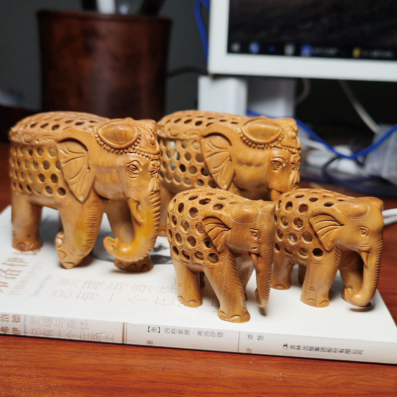 迈索尔老料家居区老山檀香大象镂空手工雕刻摆件黄杨木质正饰