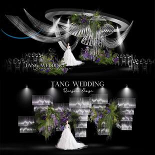 小众银白色雨丝线帘韩式婚礼紫色花艺效果图PSD设计素材