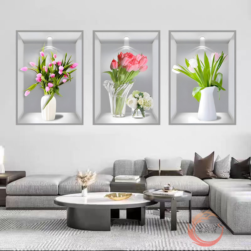 3d立体三联装饰画现代简约客厅沙发背景墙壁贴画民宿酒店自粘壁画图片