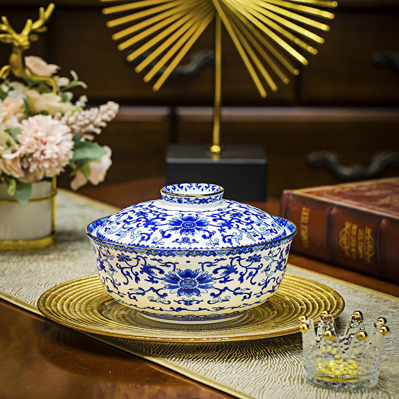 金边枝缠福7英寸泡面碗家用带盖菜碗保鲜碗酒店汤碗景德镇礼品碗