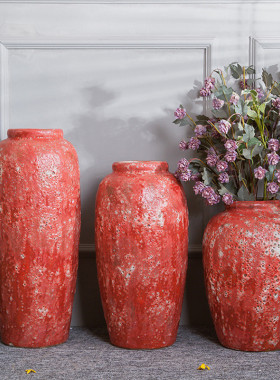 热销中式复古田园落地大红粗陶插花干花花瓶客厅酒店别墅做旧陶瓷