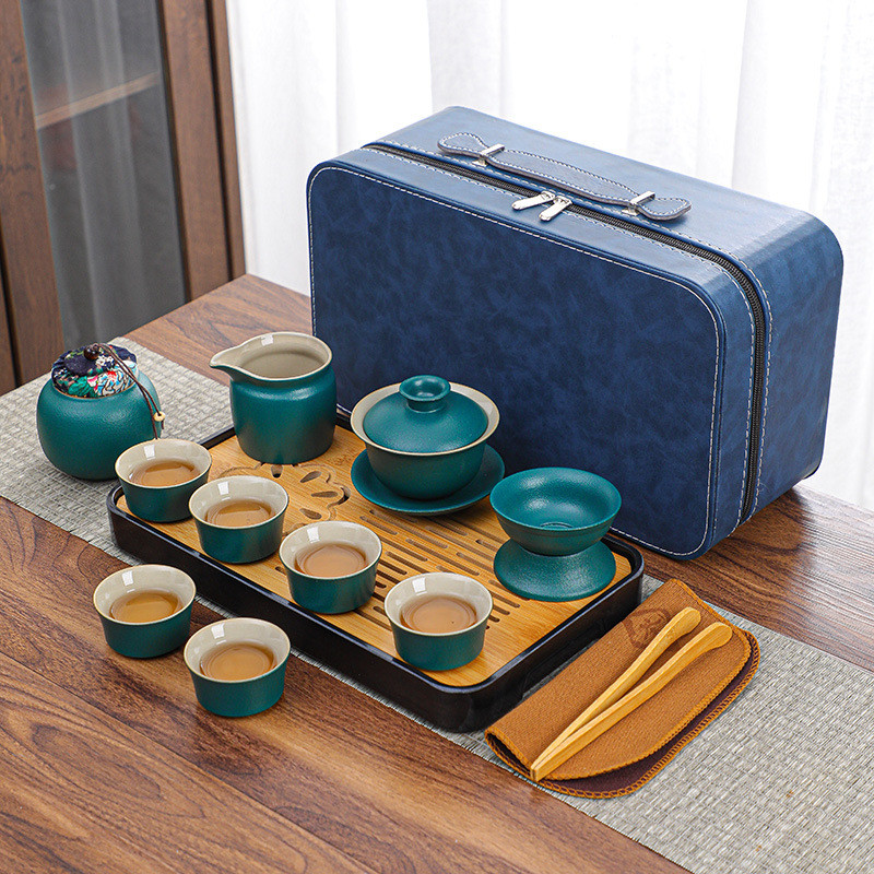 盖碗功夫茶具套装全套家用办公室茶壶茶杯简约黑陶茶叶罐整套茶盘