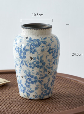 新中式青花瓷裂纹客厅复古冰陶瓷花瓶摆件感复古插花花瓶花器镶嵌