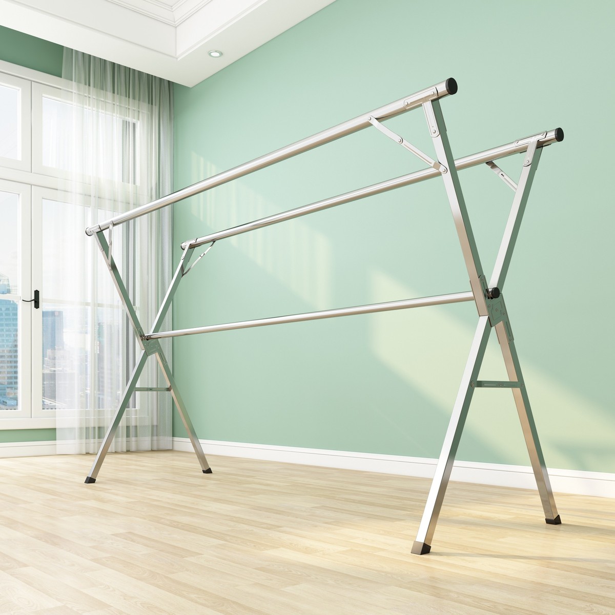 x型便携不锈钢晾衣架家用阳台落地晾晒架可移动折叠收纳衣架批发