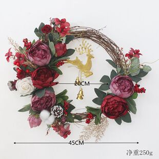 秋冬新款人造花环圣诞节万圣节丰收节牡丹浆果棉花花环门环