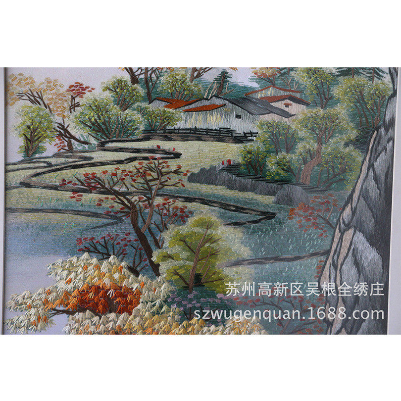 苏绣成品挂画客厅书房框带挂画苏州手工刺绣春夏秋冬山水厂家生产