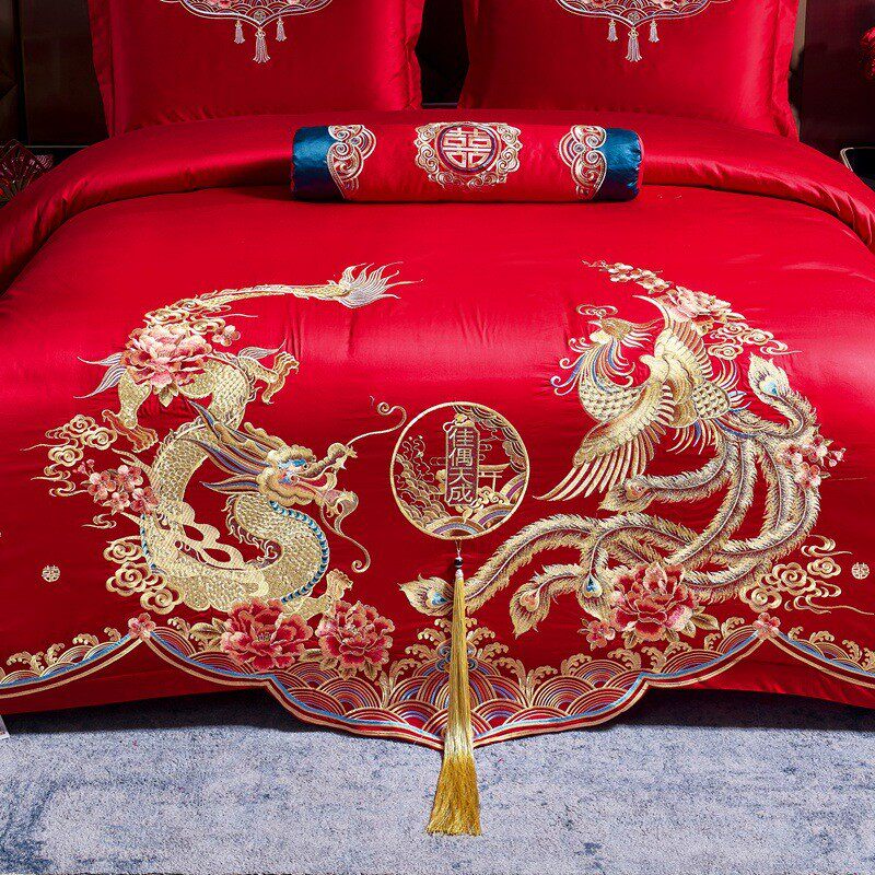 中国风大红色结婚四件套全棉纯棉床单被套少女心蕾丝双人床上用品,床上用品,婚庆床品套件,淘宝优惠券,粉丝福利购,淘宝优惠卷