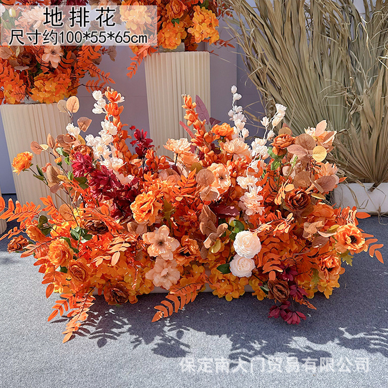新款焦糖橘色婚庆地排花成品花排婚礼路引花排花艺仿真花厂家批发
