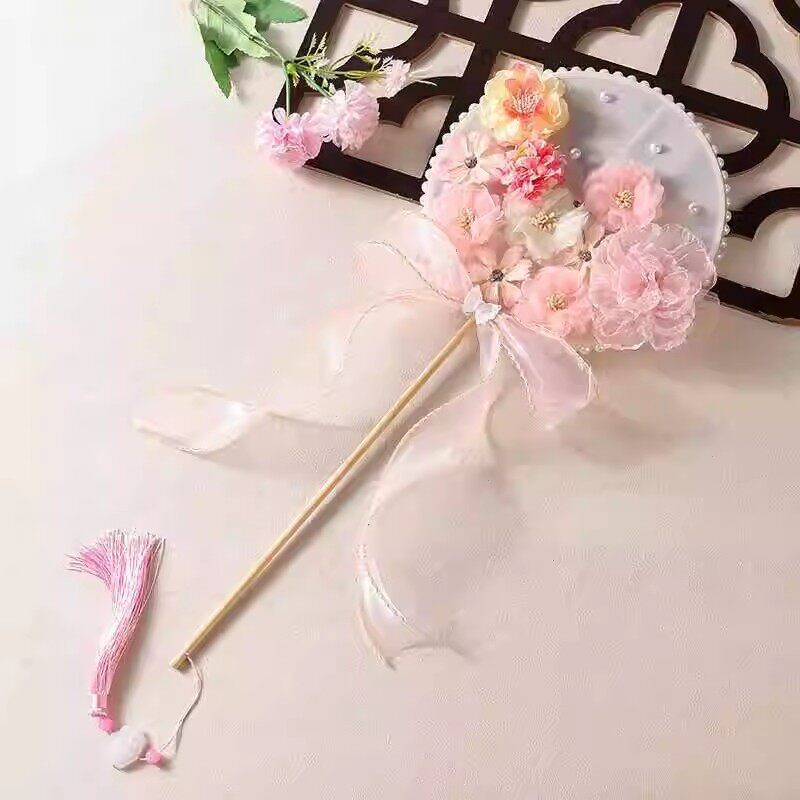 古风长柄团扇超仙lolita道具汉服手持拍照飘带流苏仙气丝带圆扇子