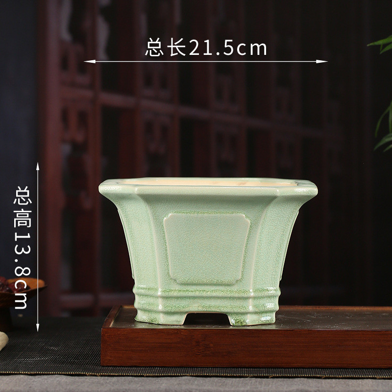 宜兴釉水紫砂花盆批发桌面创意装饰摆件复古六方多肉绿萝盆景yz14